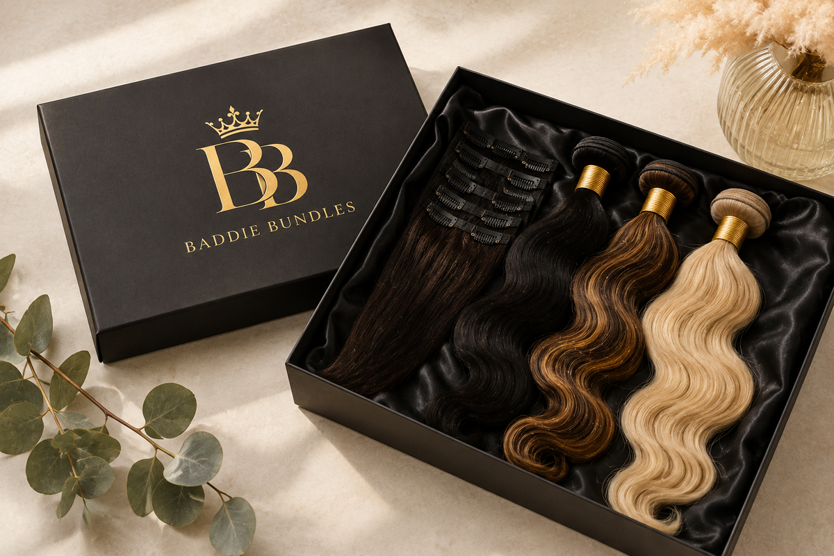 Assortiment 100% human hair extensions van BaddieBundlesStore, inclusief clip-in, Octopus, ponytail en U-Part Wig