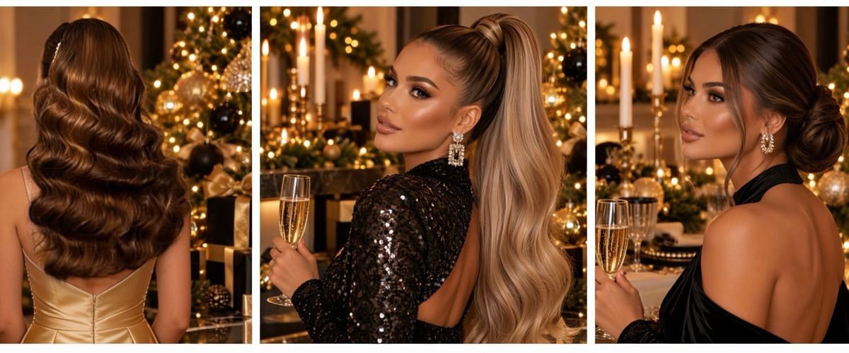 Feestlook met extensions van echt haar voor kerst en oud en nieuw
