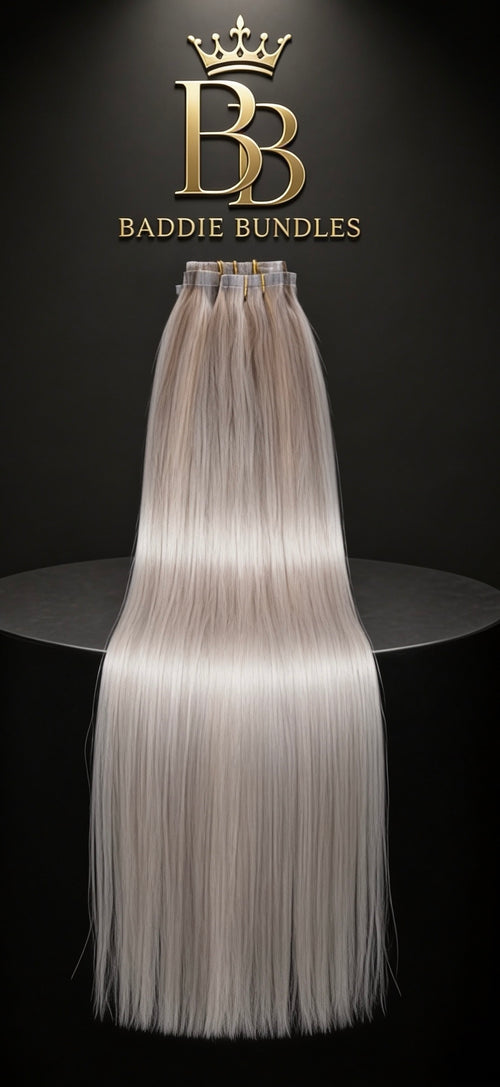 Koele blonde kleur met assige highlights 160g seamless PU clip-in extensions BaddieBundlesStore real human. Hair 
