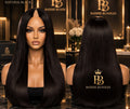 V-Part Wig kleur #1B natuurlijk zwart, lang steil echt haar, voor- en achteraanzicht | BaddieBundlesStore