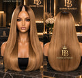 V-Part Wig kleur #27 honey blond, lang steil echt haar, voor- en achteraanzicht | BaddieBundlesStore