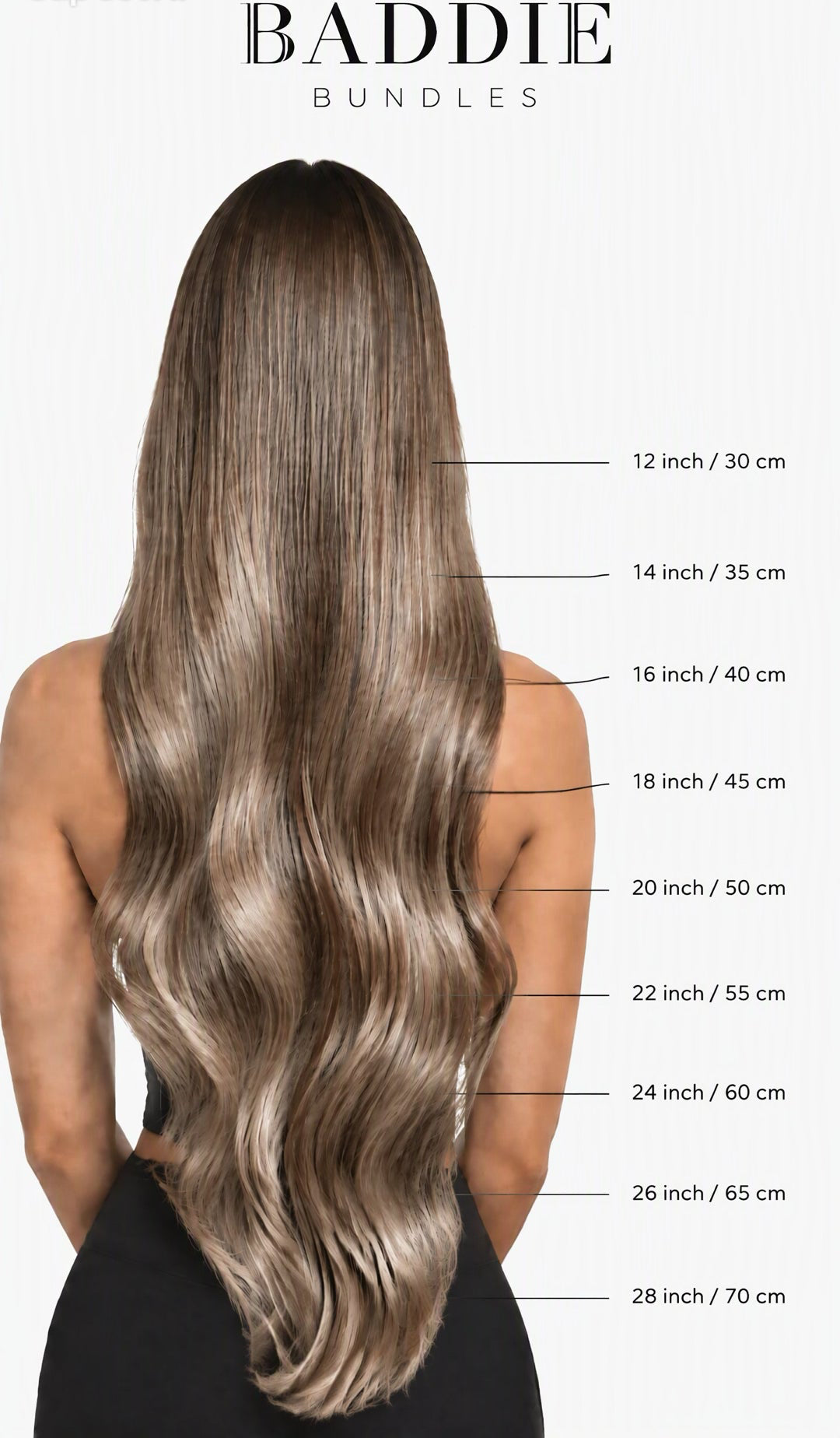 Lengtegids hair extensions: 12, 14, 16, 18, 20, 22, 24, 26 en 28 inch in cm op lang haar | BaddieBundlesStore