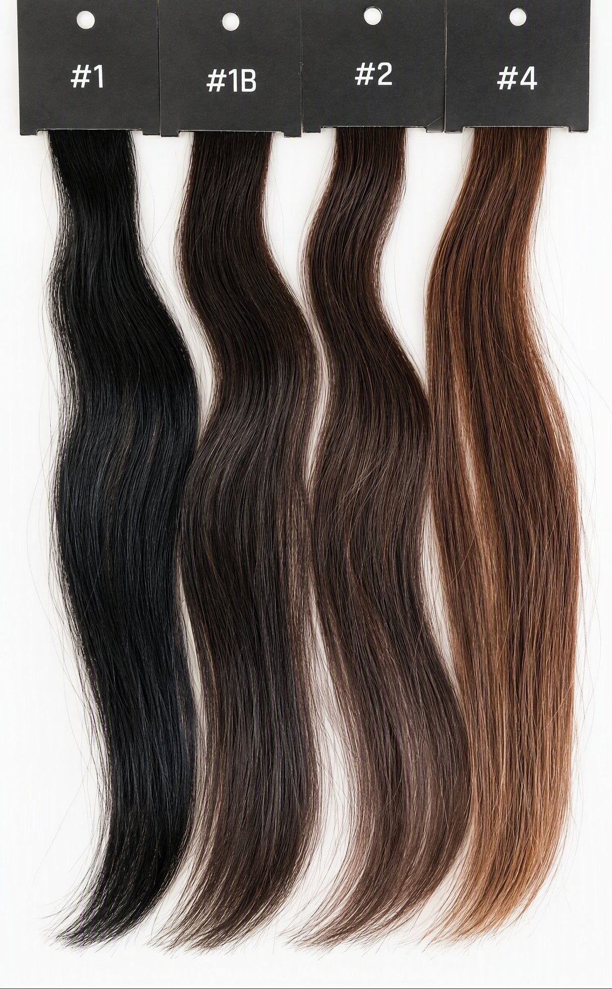 Kleurstalen donkere kleuren #1 zwart, #1B natuurlijk zwart, #2 donkerbruin en #4 bruin van echt haar | BaddieBundlesStore