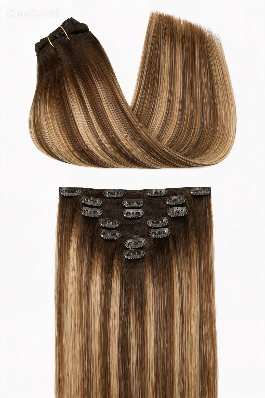 Balayage clip-in extensions set in kleur #4/26/4, chocoladebruin met warme blonde highlights, steil haar met zichtbare clips – 7-delige premium set
