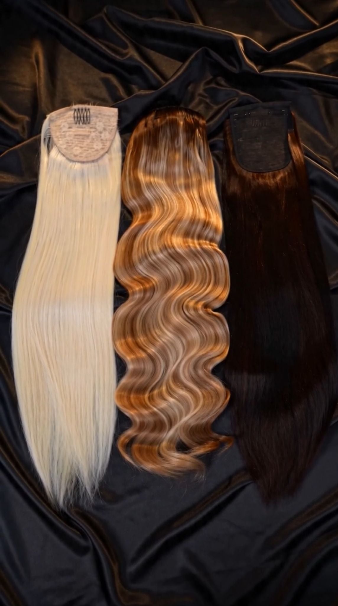 Premium human hair ponytail extensions in blonde, balayage en dark brown colors Baddie Bundles Store Luxury ponytails