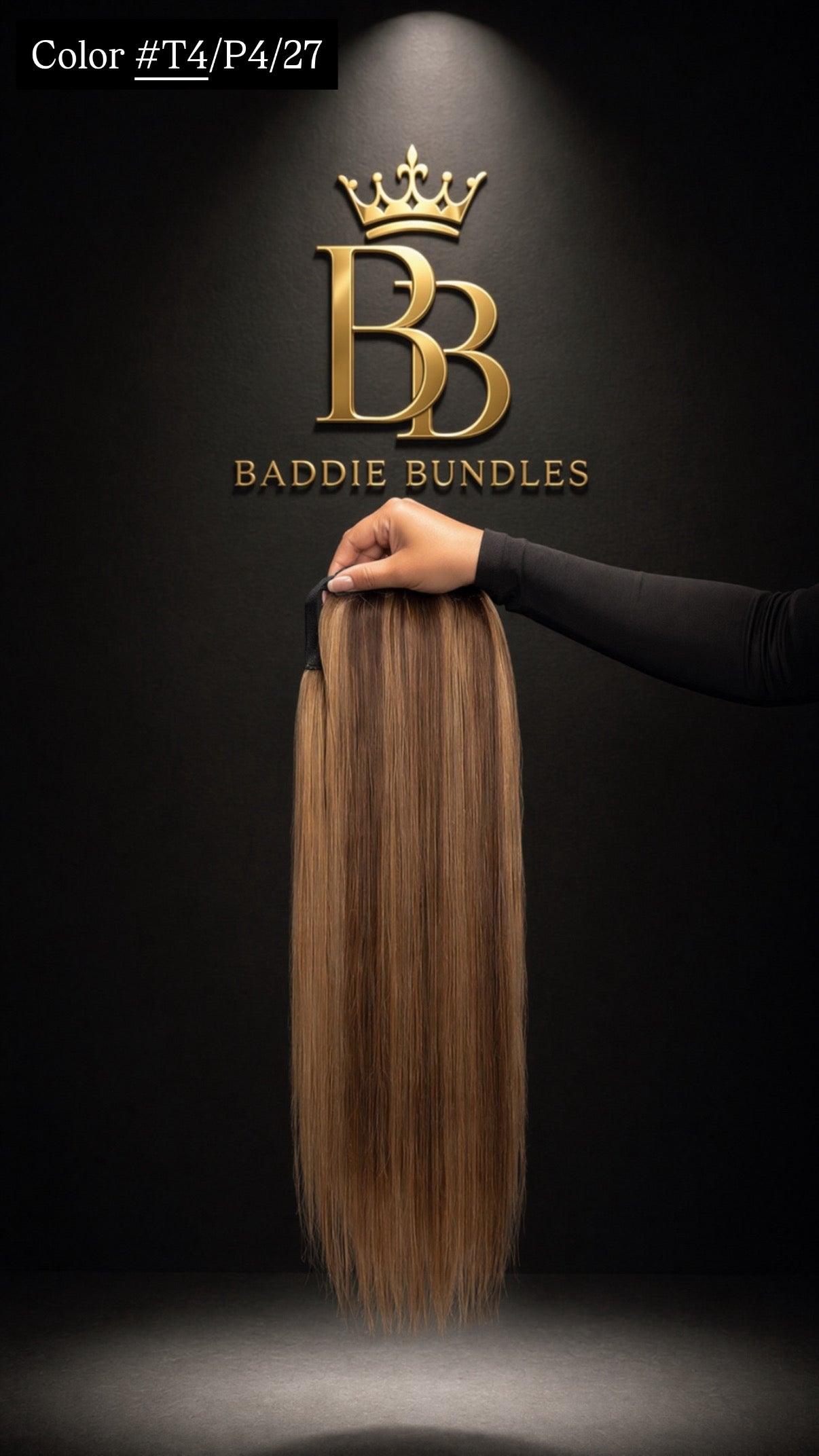 Premium human hair ponytail extensions in blonde, balayage en dark brown colors Baddie Bundles Store Luxury ponytails