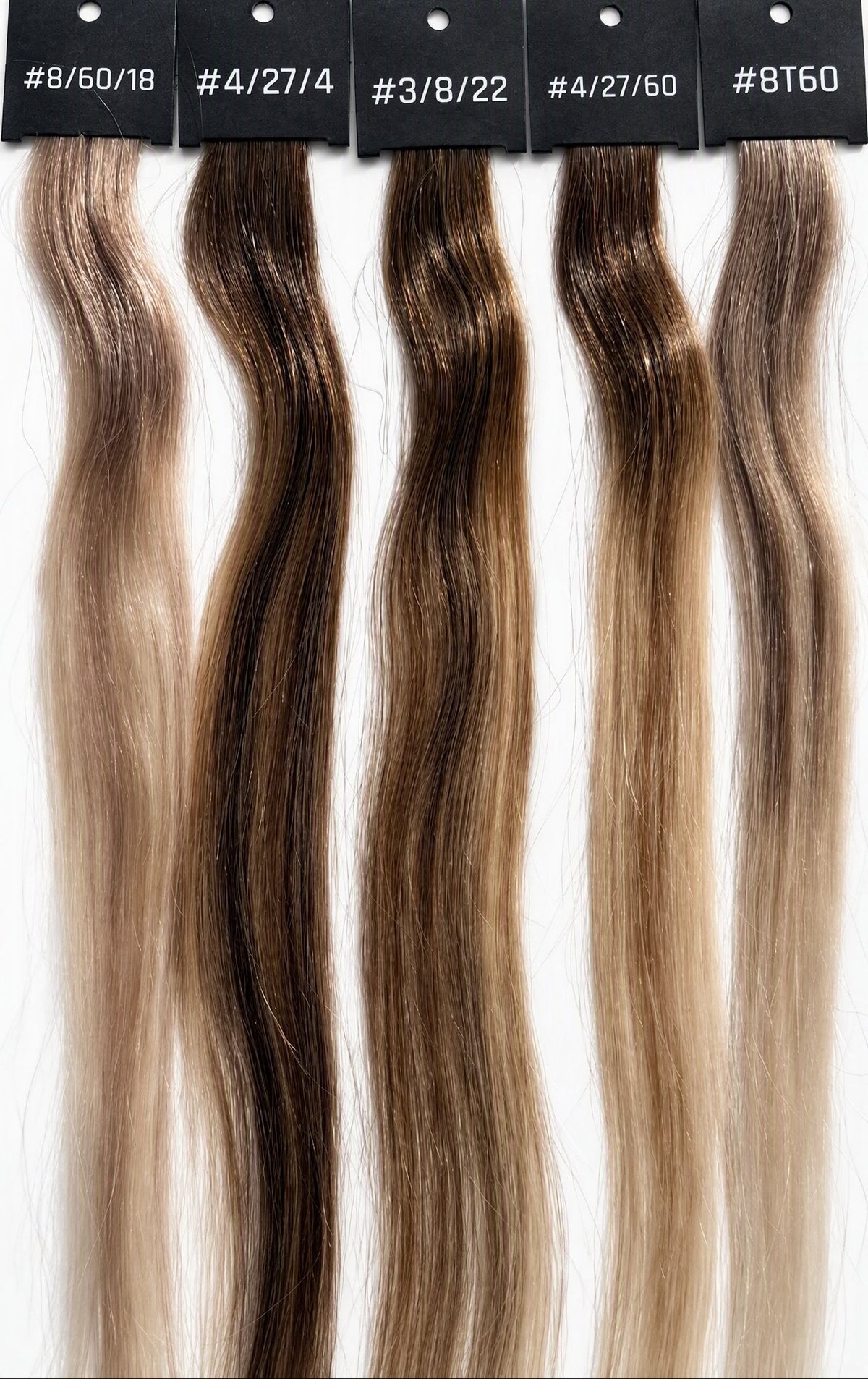 Balayage kleurstalen #8/60/18, #4/27/4, #3/8/22, #4/27/60 en #8T60, van asblond tot honingblond | BaddieBundlesStore