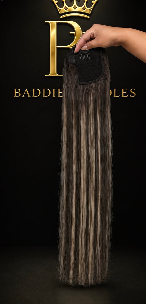 Ponytail 150g virgin human hair balayage: steil donkerbruin haar met blonde highlights, wrap-around ponytail | BaddieBundlesStore