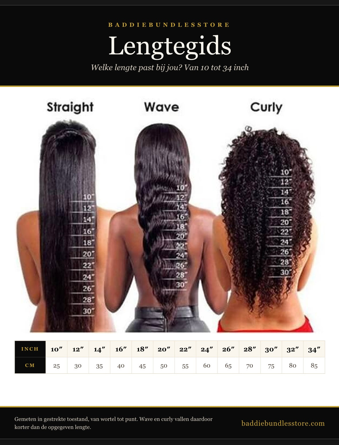 Lengtegids extensions en wigs: straight, wave en curly van 10 tot 34 inch (25 tot 85 cm) | BaddieBundlesStore
