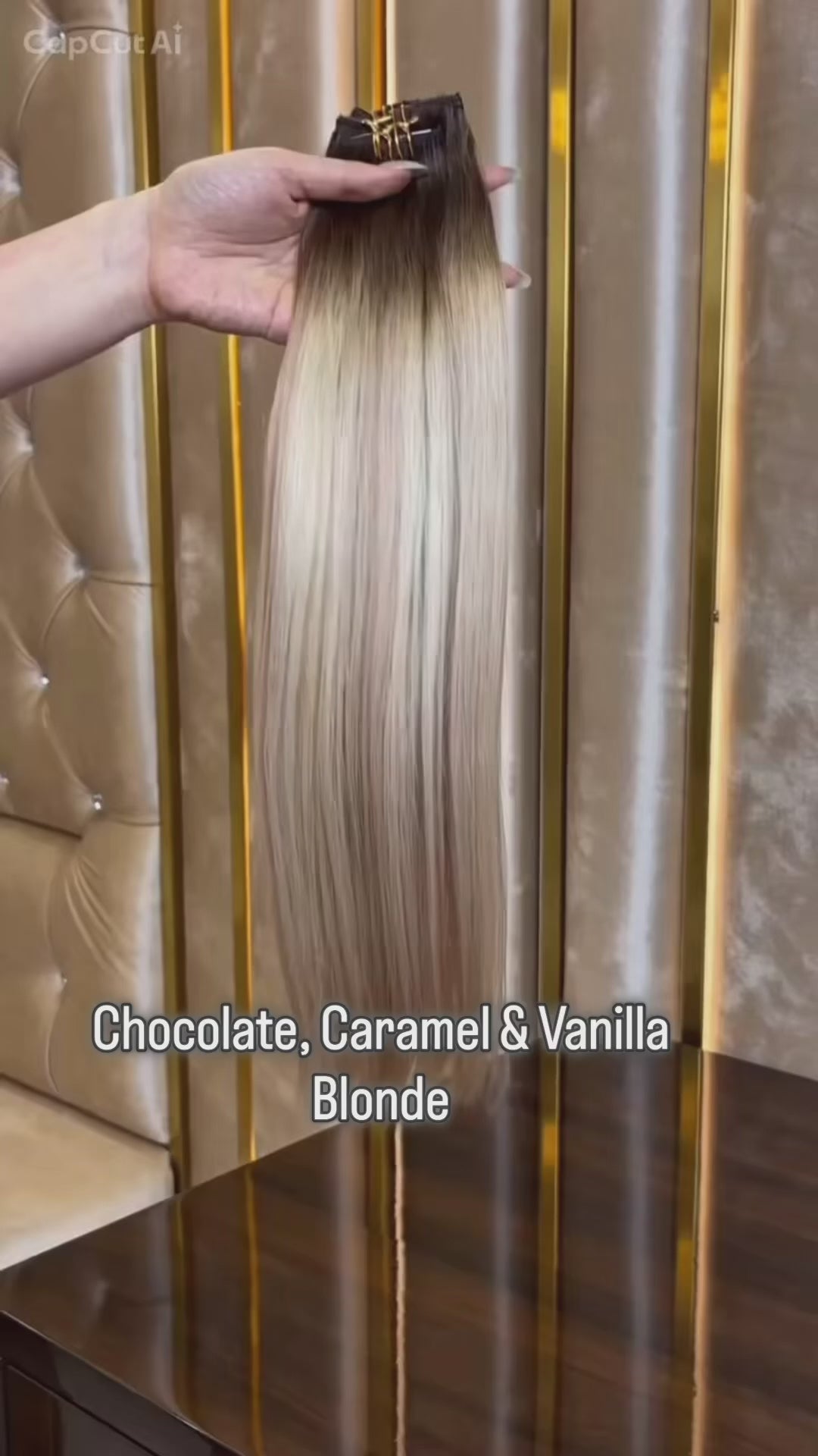 Seamless PU clip-in extensions balayage #4/26/60 – donkerbruin naar goudblond ombre, steil haar, 20 inch – Baddie Bundles Seamless PU clip-in hair extensions balayage #4/26/60 – dark brown to golden blonde ombre, straight, 20 inch – Baddie Bundles